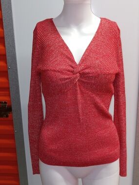 Red Metallic Knit Twist-Front Sweater